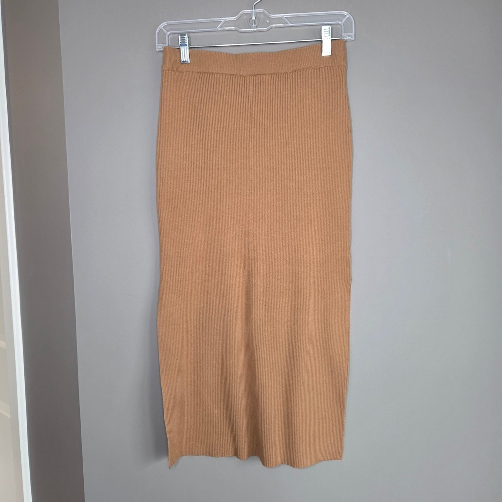 Sadie & Sage Womens Ribbed Knit Midi Skirt Camel Brown Side Slit Small